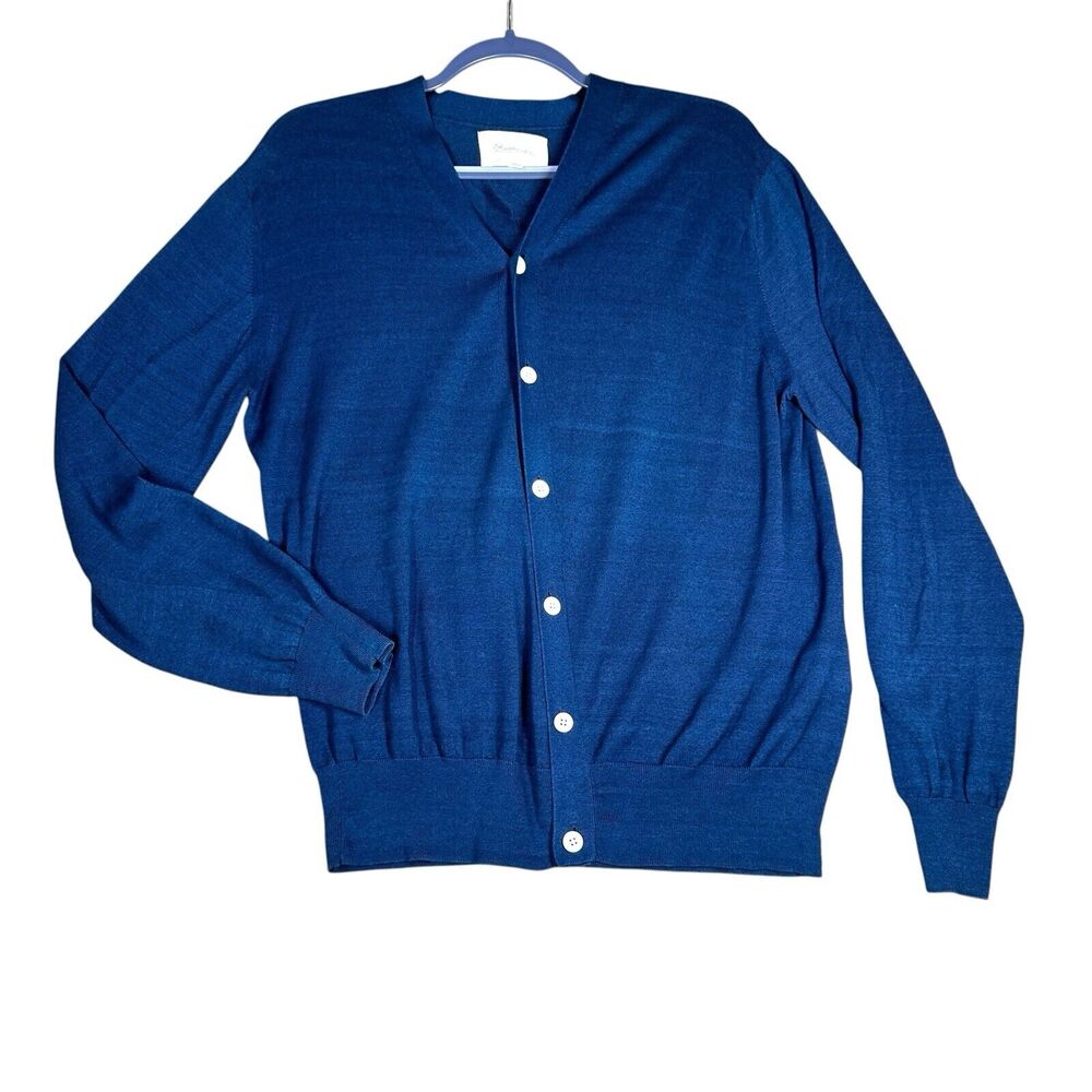 Shuttle Notes Knit Cardigan Mens Medium Slim Blue Geometric Lightweight Cotton